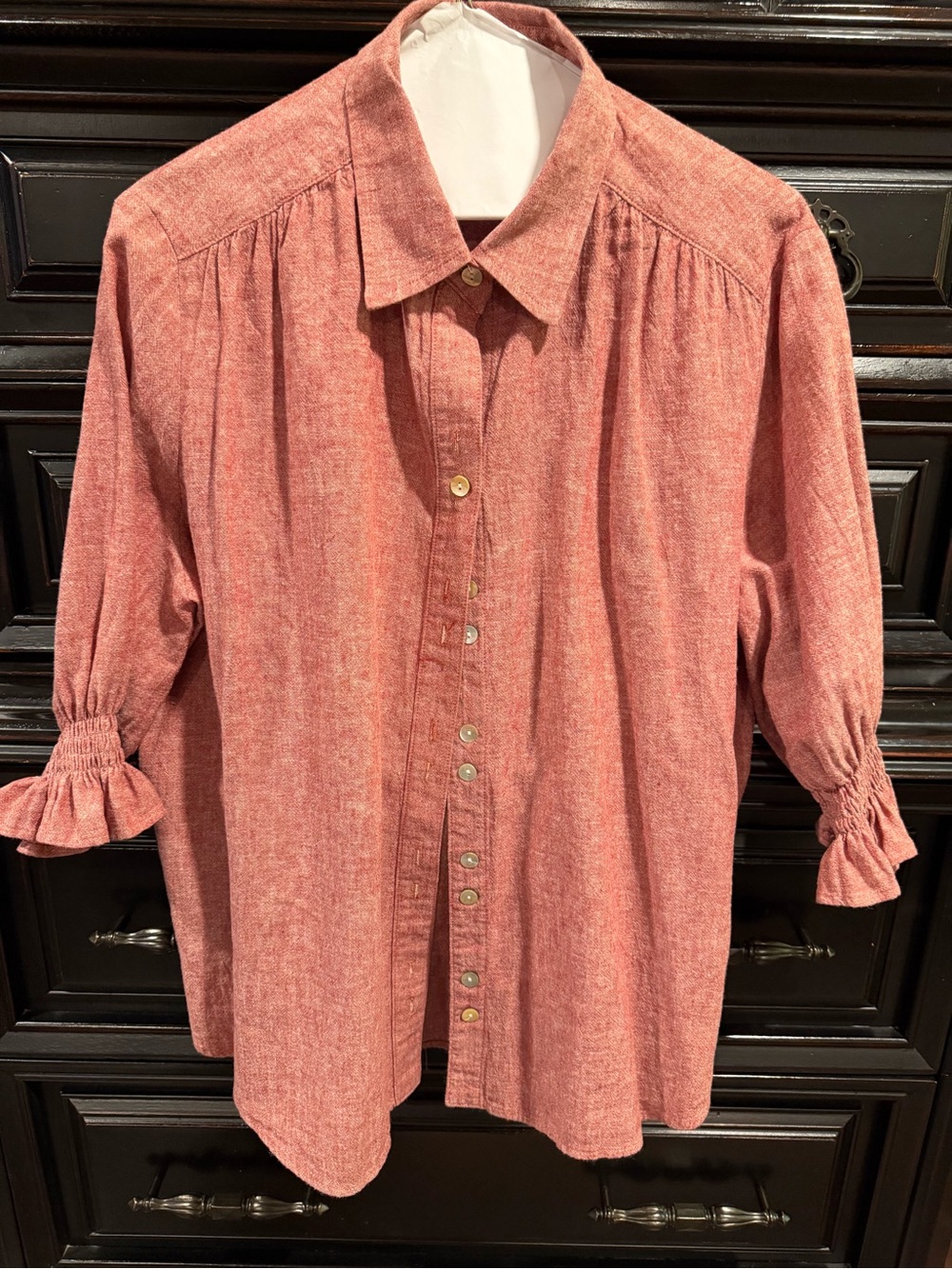 Finley Coral-Red Button-Front Blouse with Ruffle Cuffs